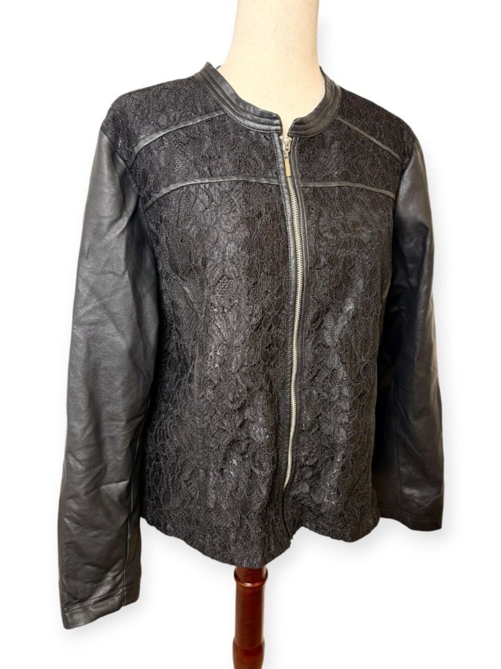 CJ Banks Black Faux Leather Floral Lace Zip Front Moto Jacket Size 1X